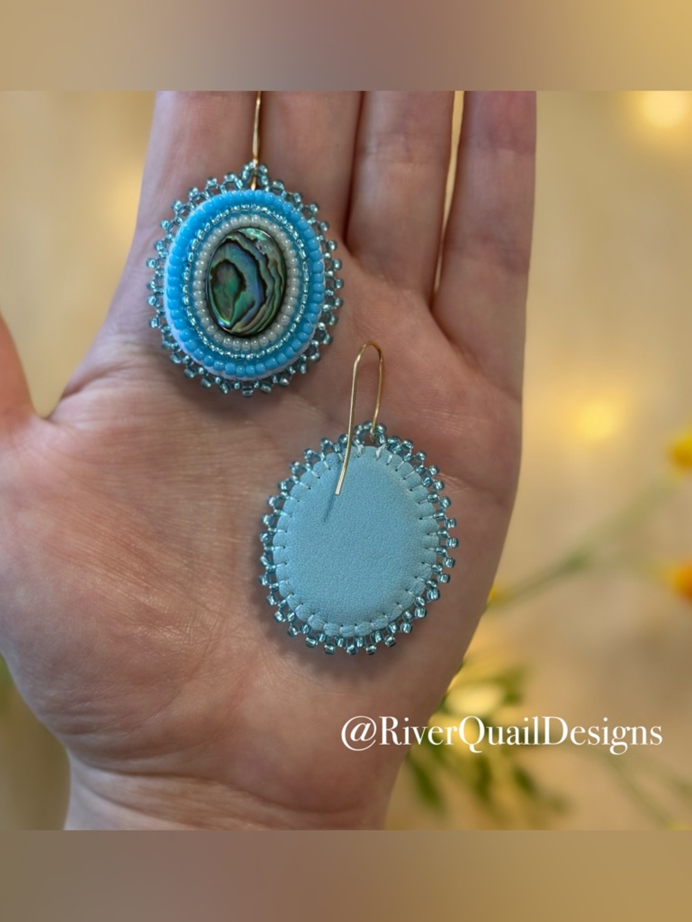 Handmade Beaded Earrings: Abalone Shell, Blue Beads, Leather. Native Made Art - Picture 2 of 2